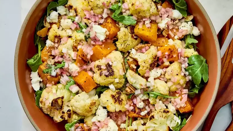 Flavorful Roasted Cauliflower and Butternut Squash Salad with Zesty Lemon-Shallot Dressing