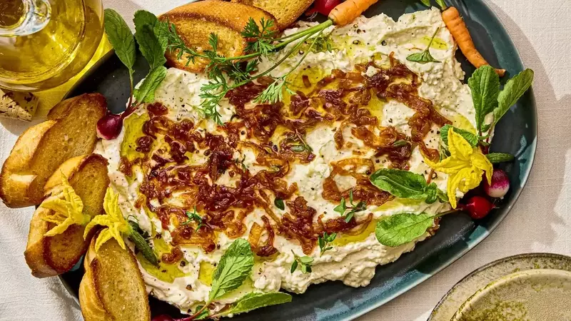 Velvety Ricotta Dip with Sweet Caramelized Shallots and Herbs