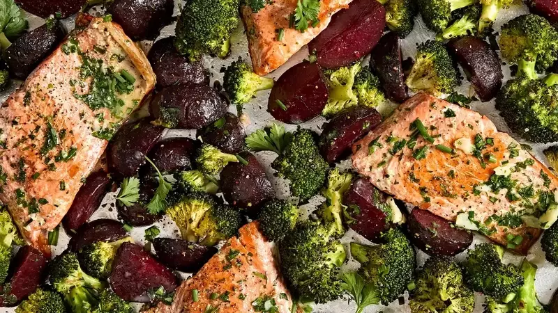 Garlic Butter-Roasted Salmon with Beets & Broccoli
