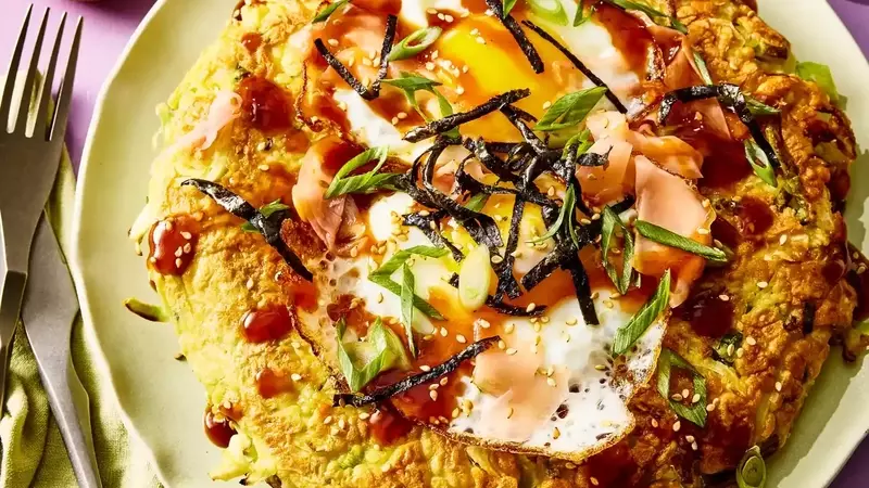 Savoury Japanese Pancake with Fried Egg