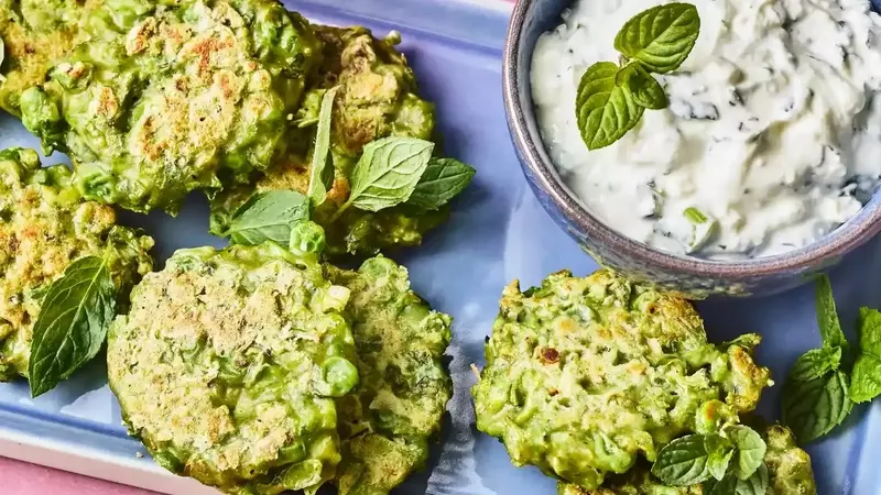 Spring Pea and Feta Fritters with Creamy Yogurt Dip