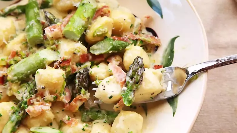 Rapid Ricotta Gnocchi with Spring Asparagus and Prosciutto Cream