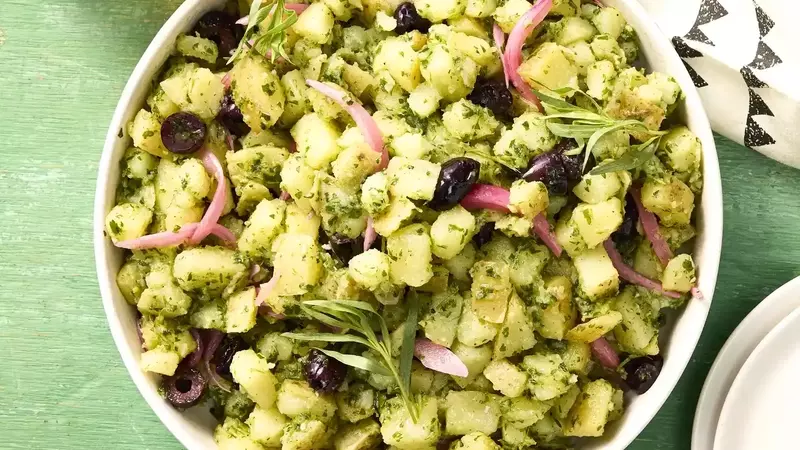 Yukon Gold Potato Salad with Tarragon Pesto and Pickled Onions