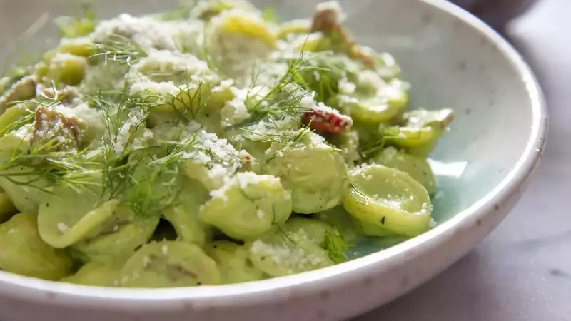 Creamy Orecchiette with Spring Onions, Fennel, and Crispy Bacon