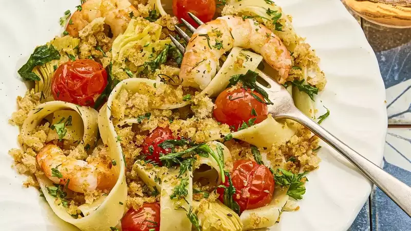 Mediterranean-Inspired Shrimp Pasta with Crispy Topping