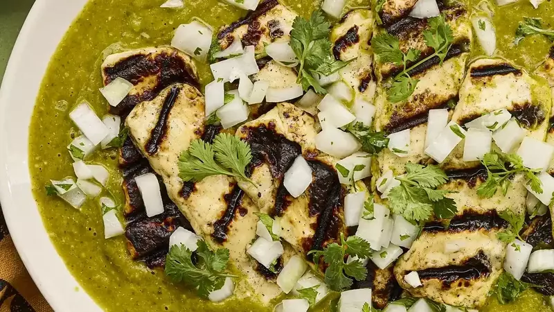 Grilled Panela Cheese with Roasted Tomatillo and Poblano Salsa