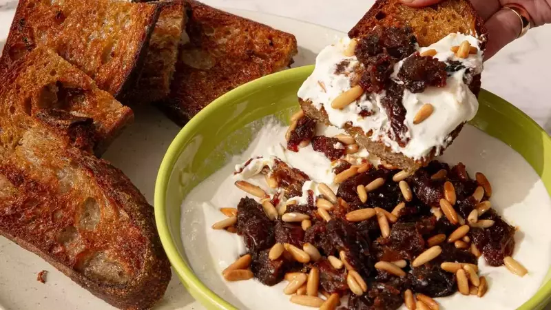 Creamy Feta Dip with Caramelized Dates and Toasted Pine Nuts
